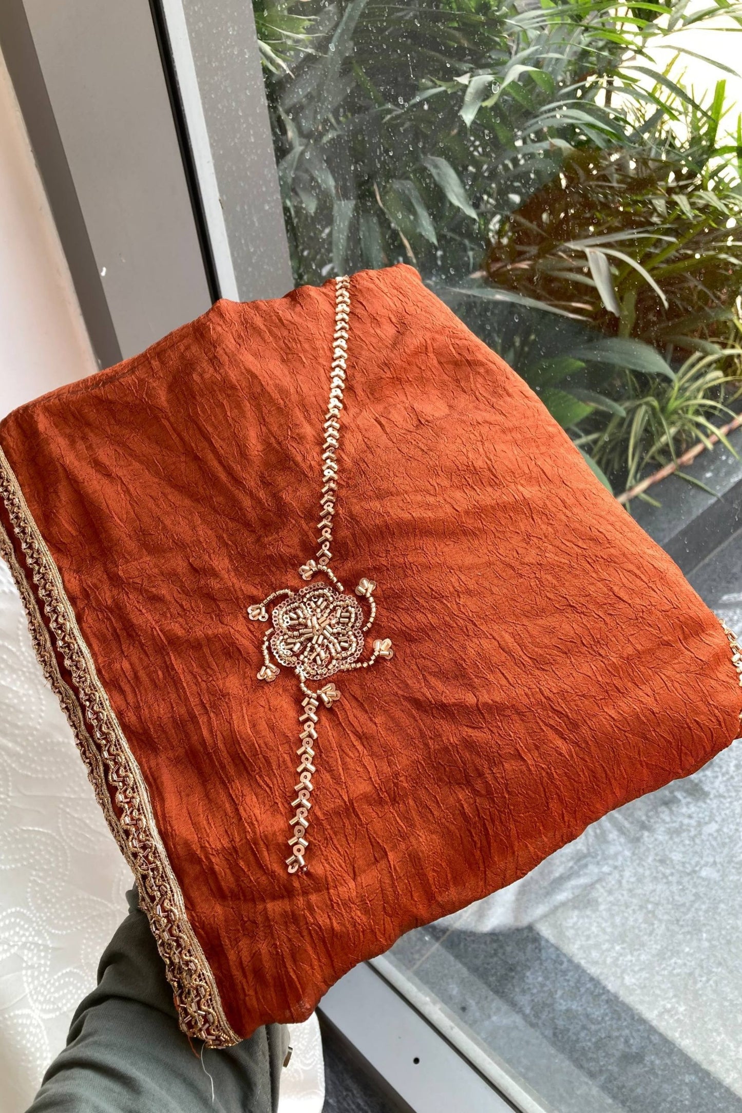 Premium Rust Orange Crush Rangoli Silk Saree Beads Embroidery Work for Women