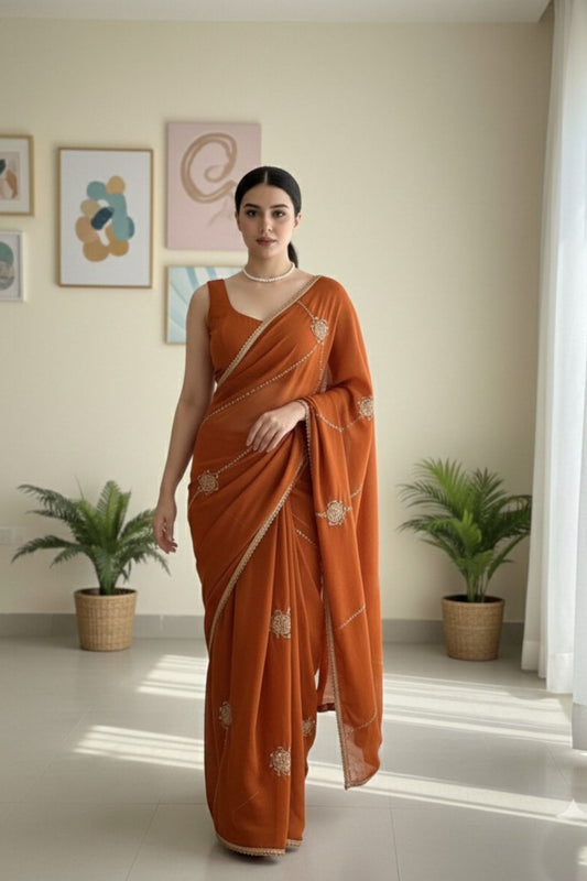 Premium Rust Orange Crush Rangoli Silk Saree Beads Embroidery Work for Women