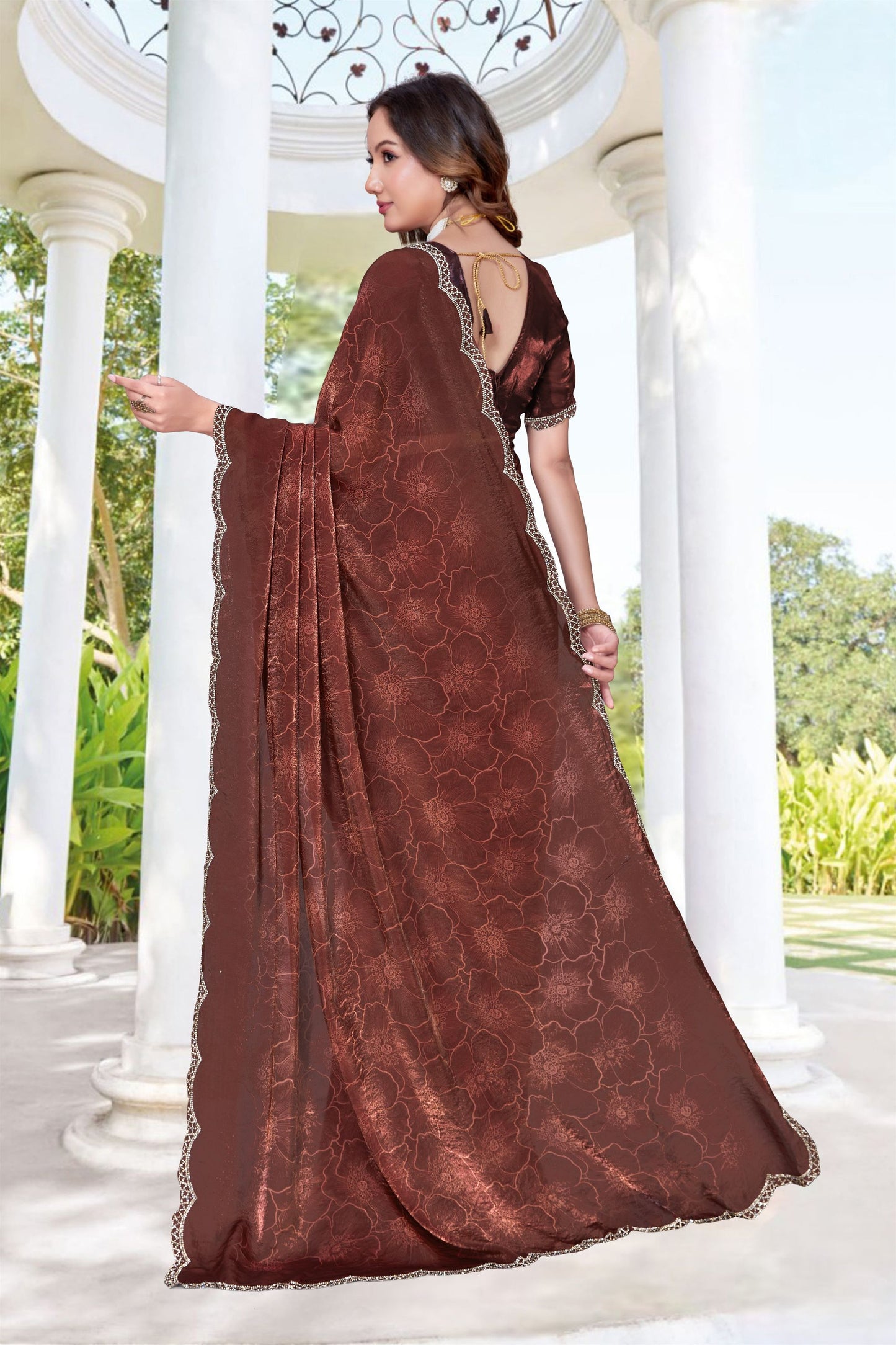 Premium Brown Fendy Satin Silk Heavy Hand Work Saree for Women