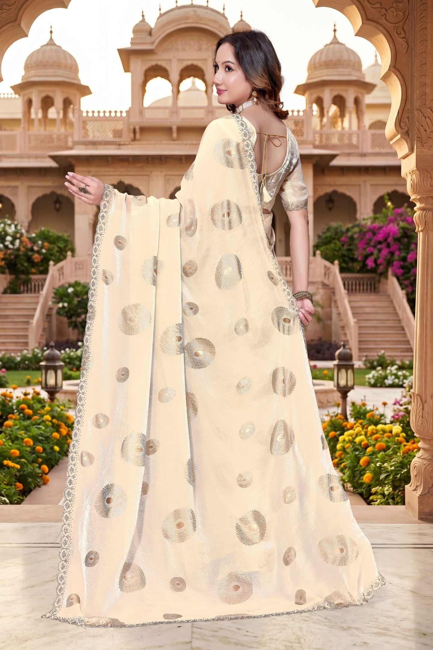 Premium Cream Fendy Silk Heavy Hand Work Saree for Women