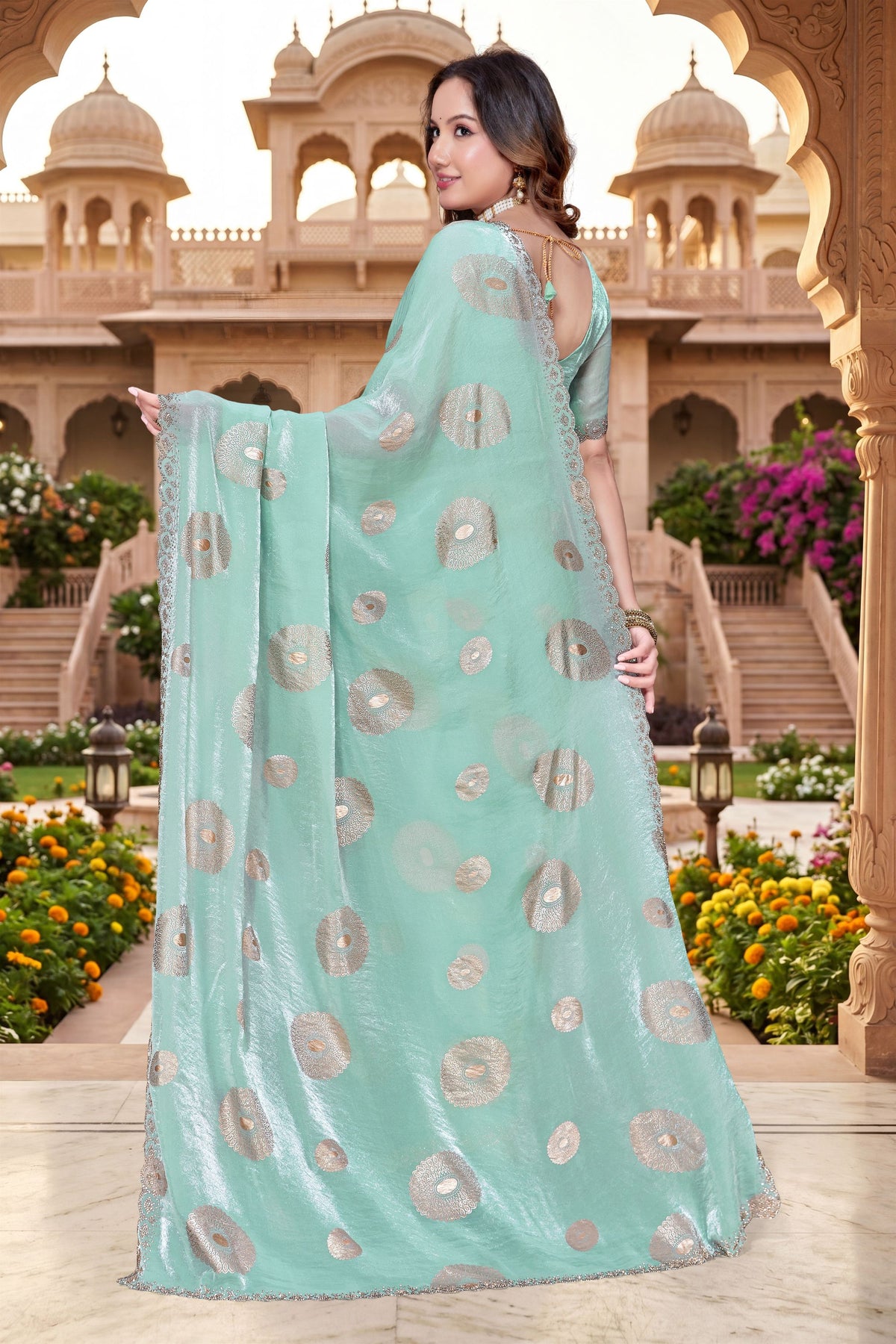 Stylish Sea Green Fendy Silk Heavy Hand Work Saree for Women