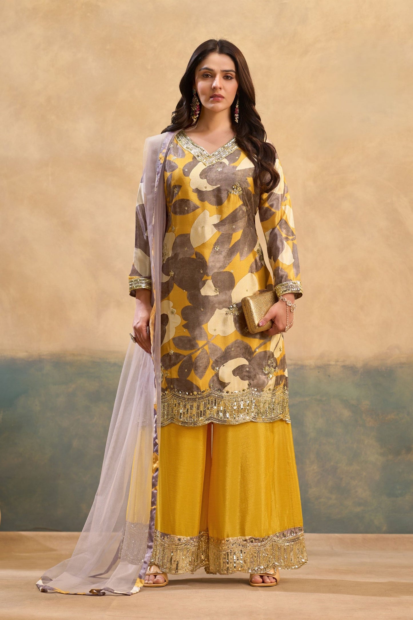 Stylish Mustard Yellow Chinon Thread Embroidery Work Kurta Palazzo Set for Women
