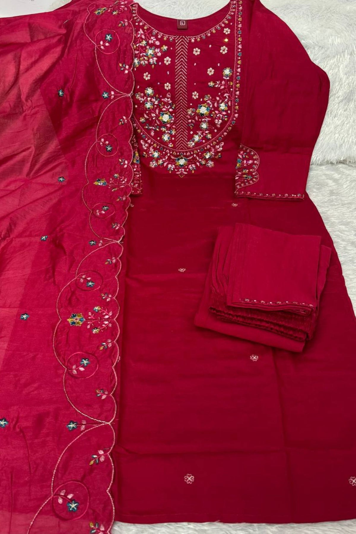 Beautiful Rani Pink Marina Silk Embroidery Hand Work Kurta Pant Set for Women