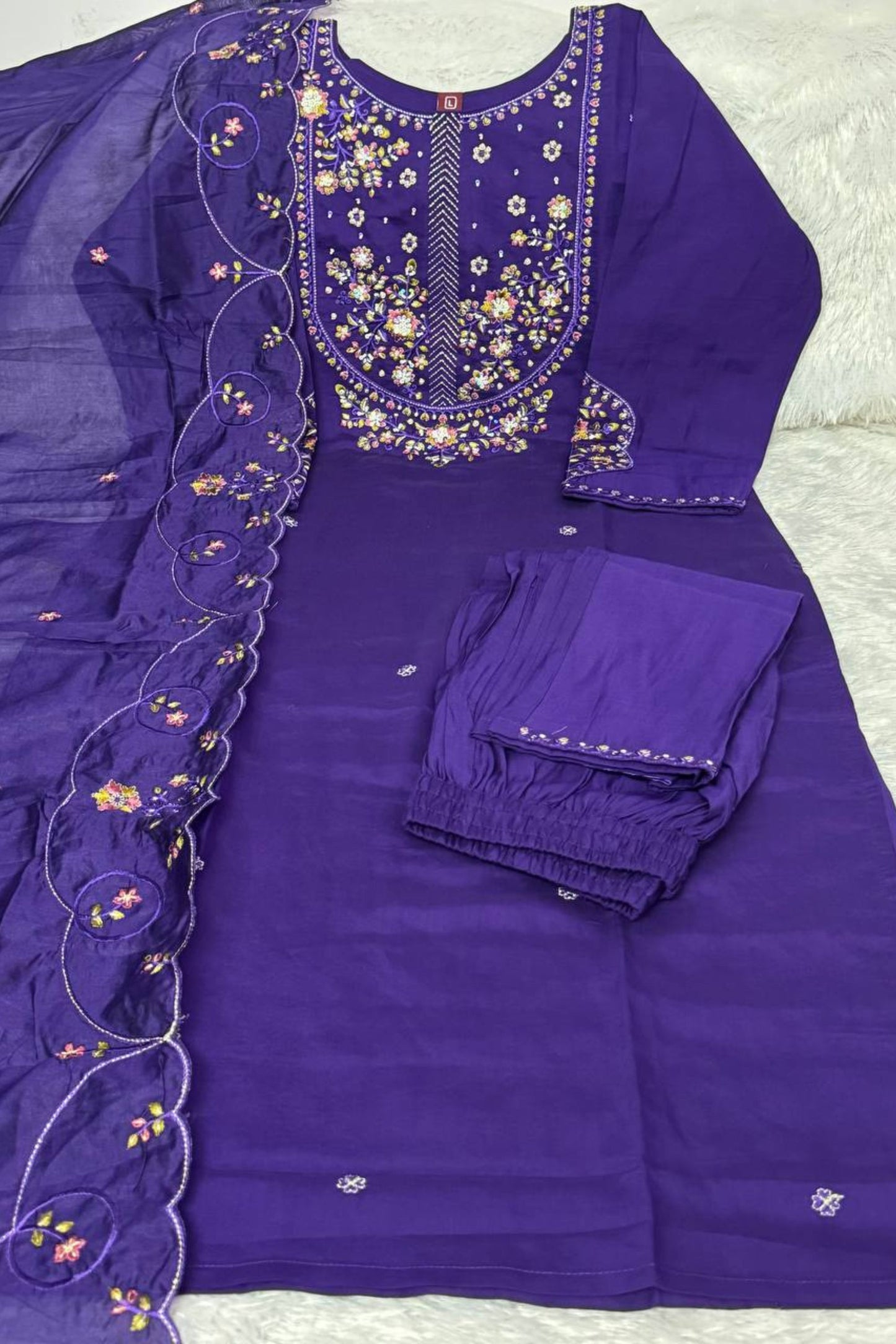 Royal Purple Marina Silk Embroidery Hand Work Kurta Pant Set for Women