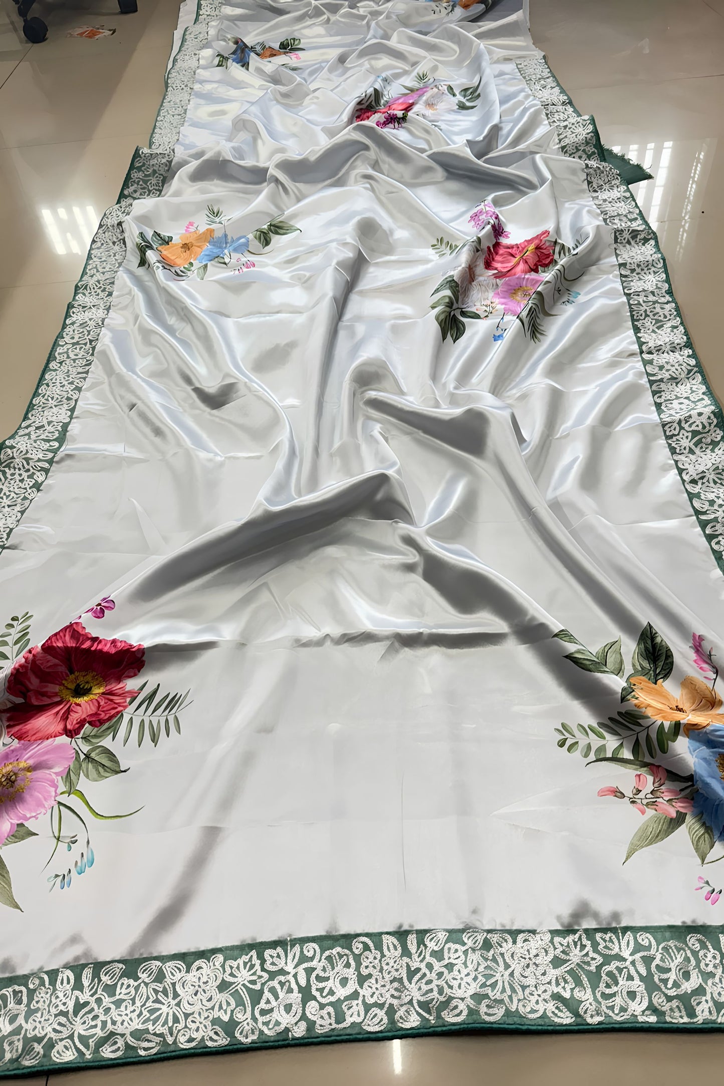 Stylish White Satin Silk Digital Print Embroidery Work Lace Border Saree for Women
