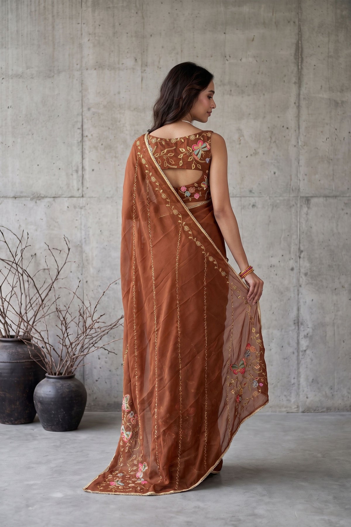 Premium Brown Georgette Embroidery Work Saree for Women
