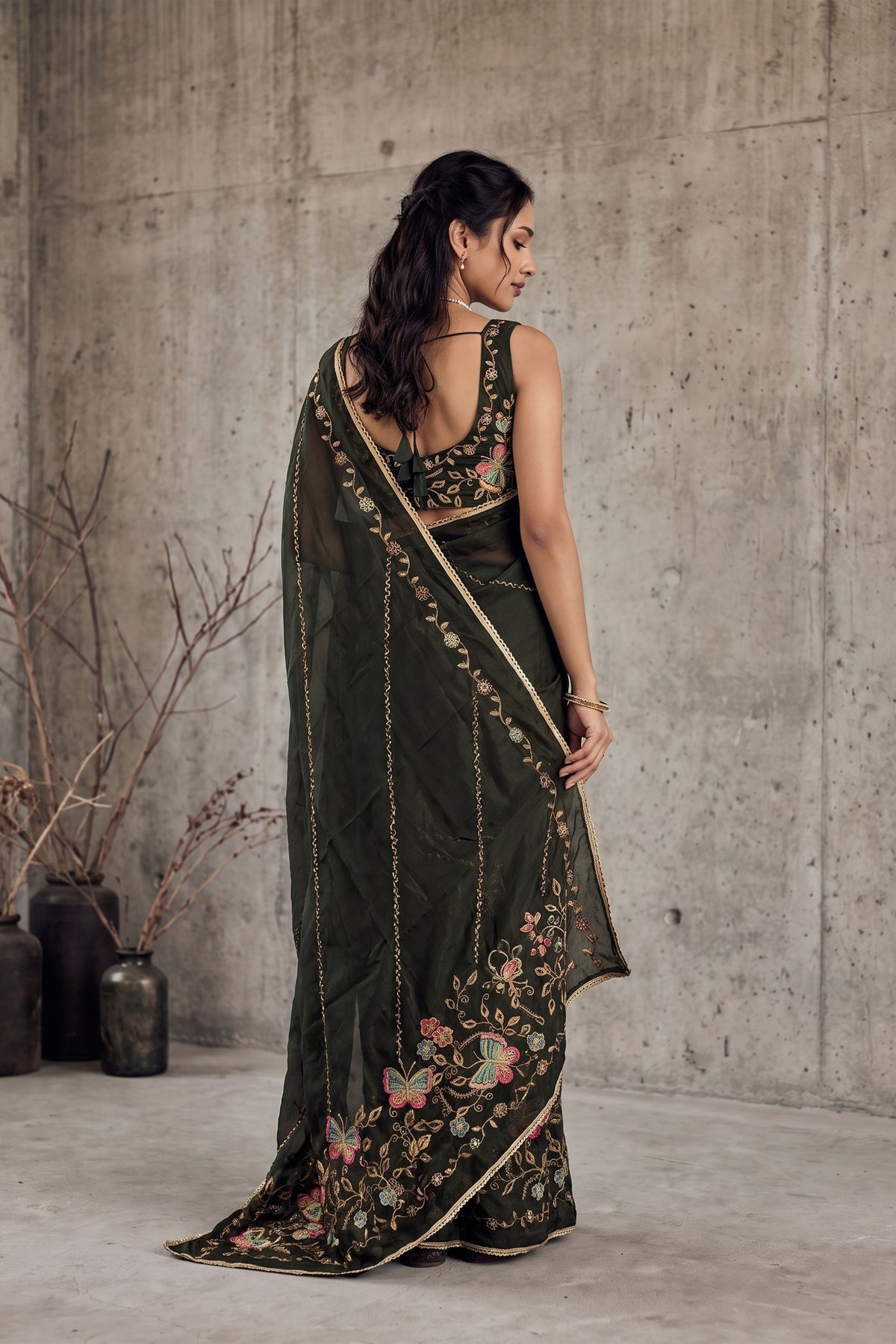 Stylish Dark Green Georgette Embroidery Work Saree for Women