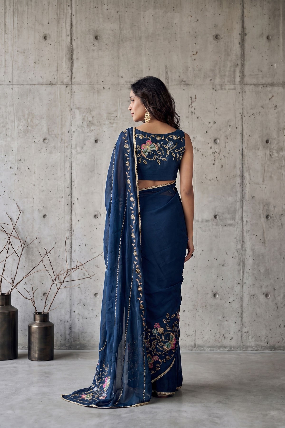 Royal Navy Blue Georgette Embroidery Work Saree for Women