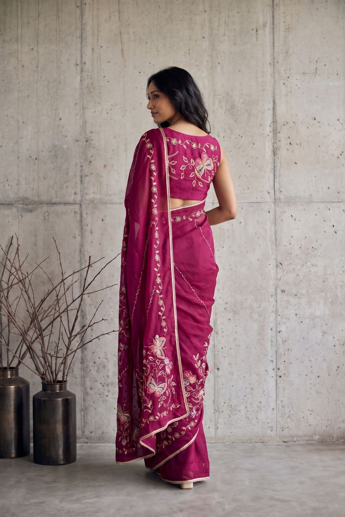 Beautiful Rani Pink Georgette Embroidery Work Saree for Women