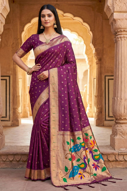 Lovely Wine Organza Silk Elegant Woven Gold Zari Butta Saree for Women