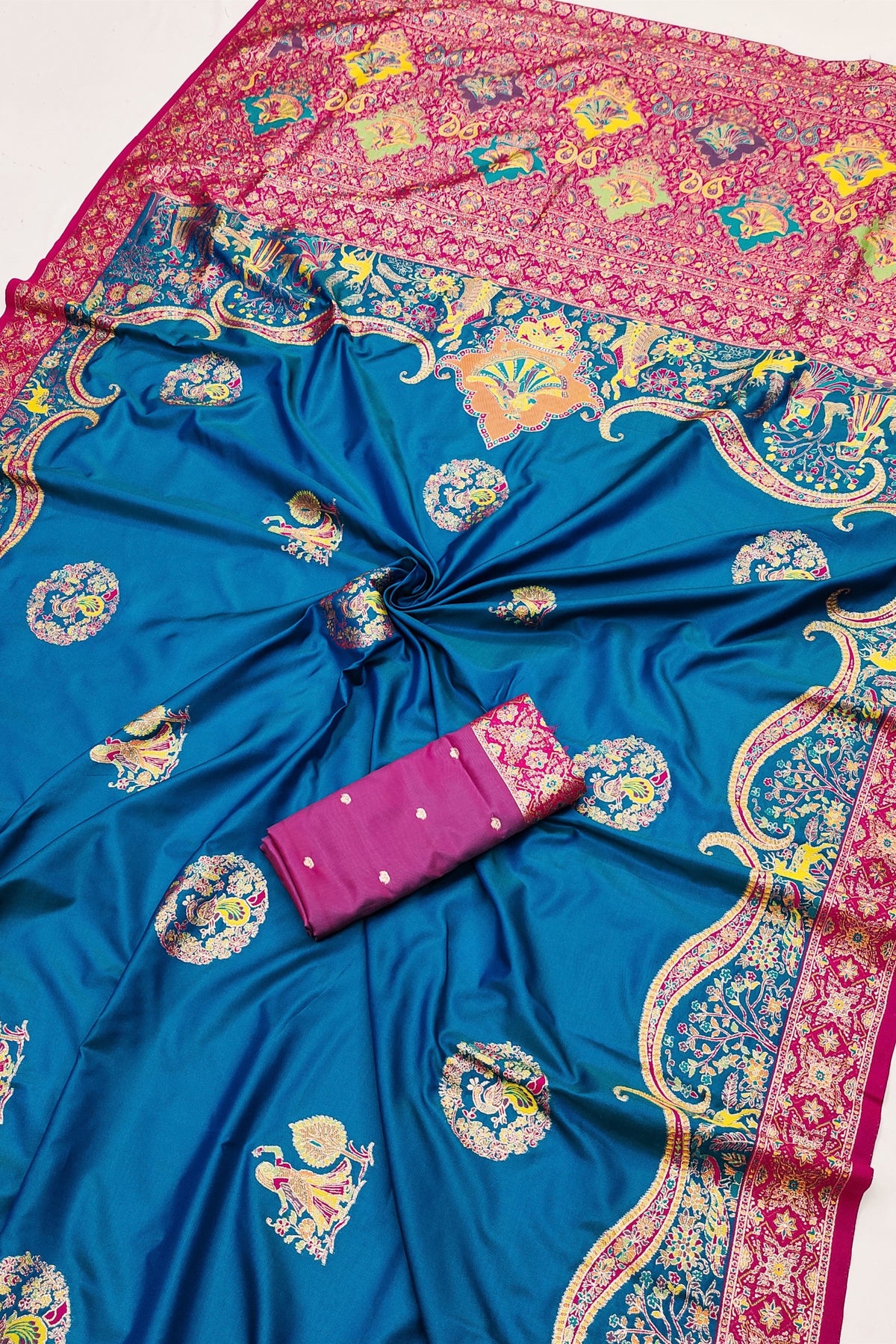 Elegant Teal Blue Pashmina Paithani Silk Motifs Zari Work Saree for Women