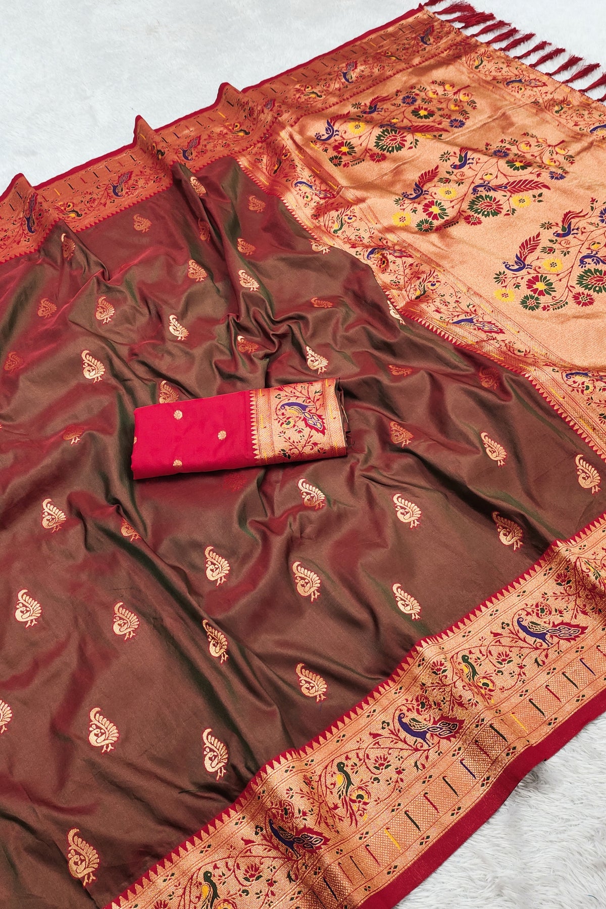 Stunning Brown Paithani Silk Rich Zari Weaving Saree for Women
