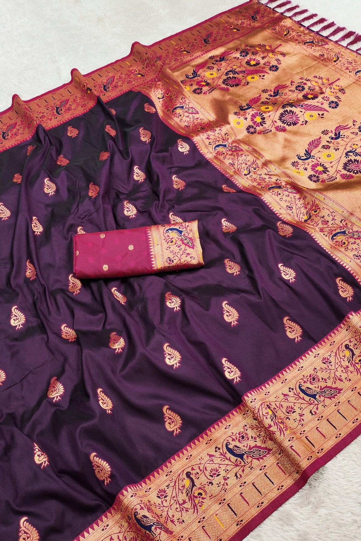 Gorgeous Purple Paithani Silk Rich Zari Weaving Saree for Women