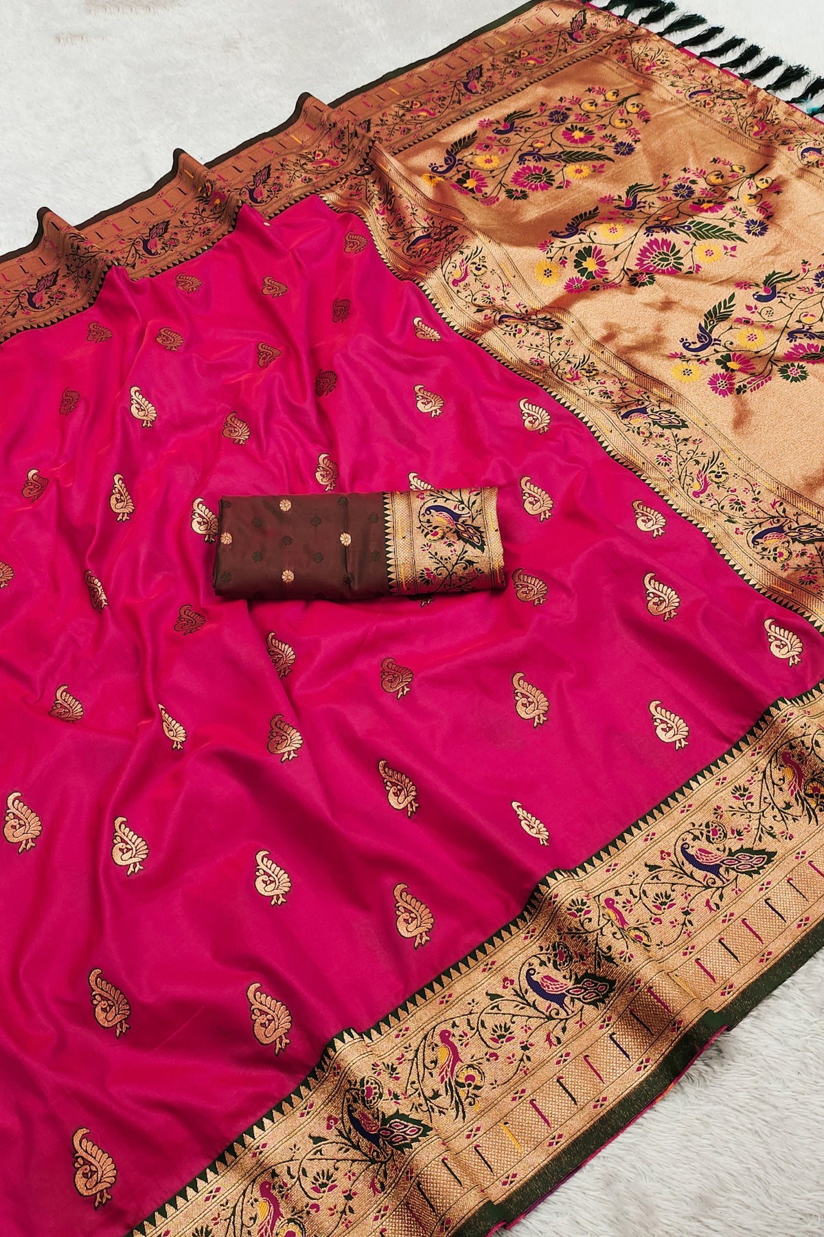 Elegant Rani Pink Paithani Silk Rich Zari Weaving Saree for Women
