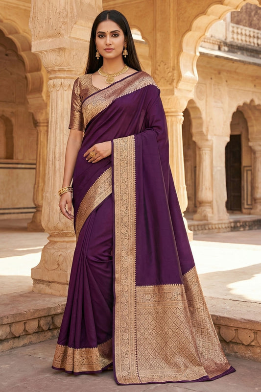 Elegant Purple Banarasi Gala Silk Zari Weaving Saree for Women