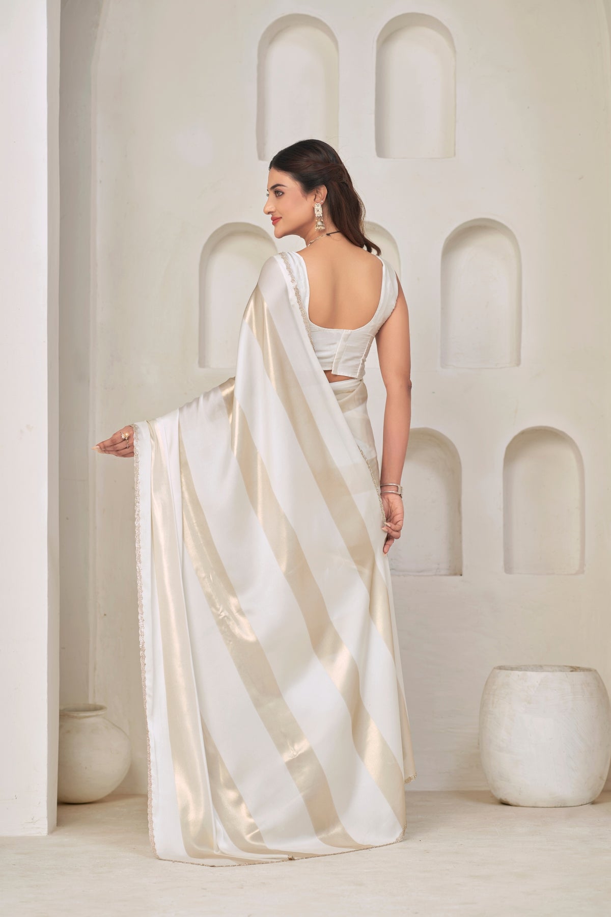 Stylish White Satin Silk Foil Patta Heavy Hand Work Zircon Saree for Women