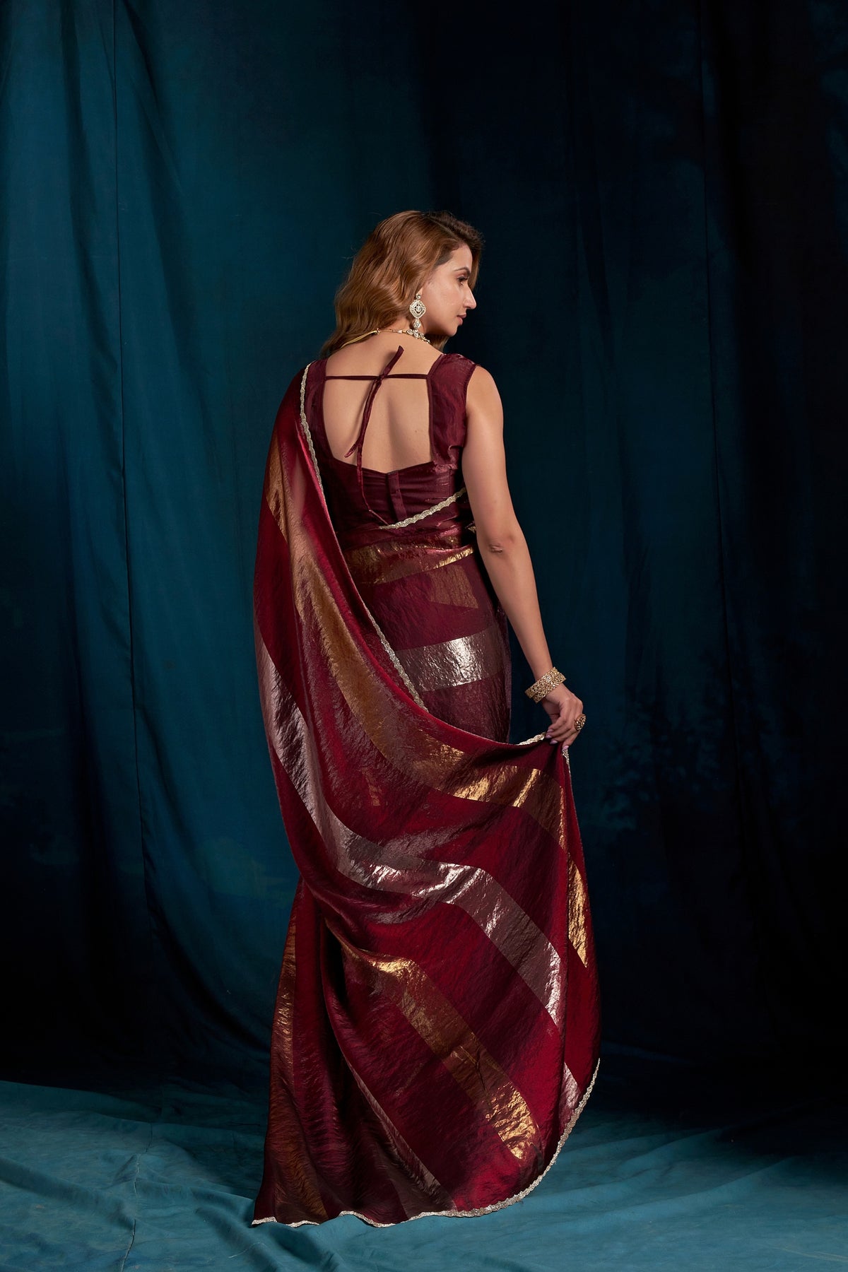 Beautiful Wine Satin Silk Foil Patta Heavy Hand Work Zircon Saree for Women
