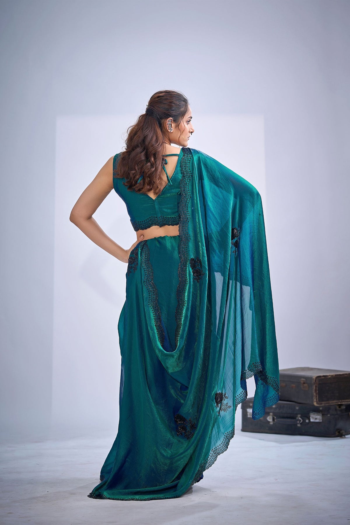 Graceful Teal Green Fendy Satin Silk Two-Tone Heavy Hand Work Zircon Saree for Women