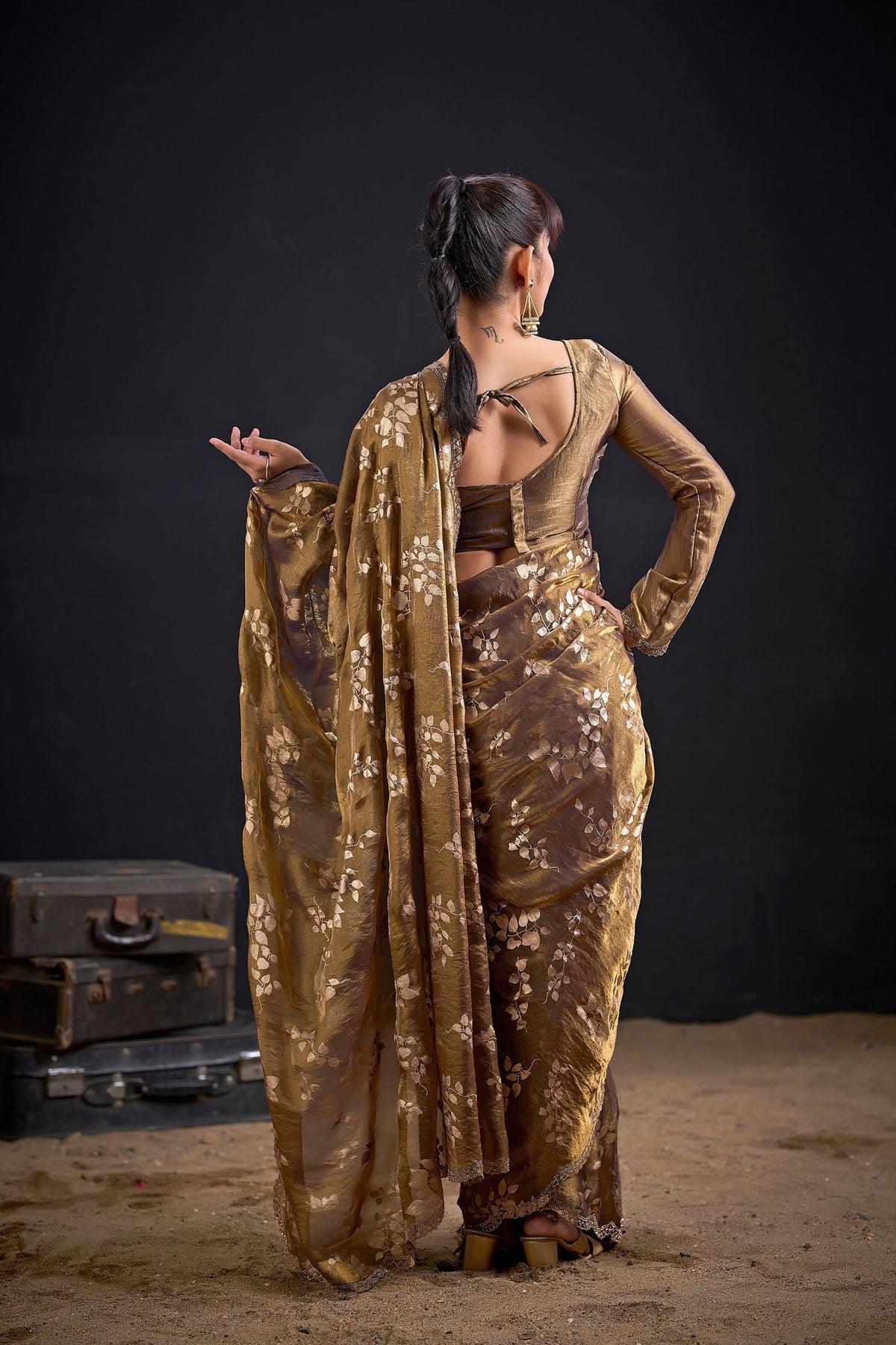 Elegant Golden Fendy Silk Two-Tone Hand Work Zircon Saree for Women