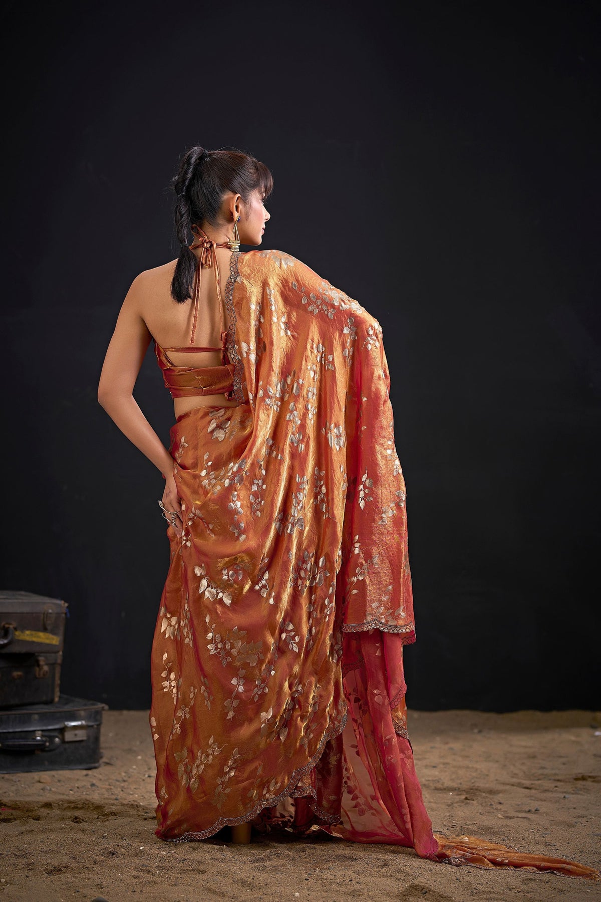 Premium Rust Orange Fendy Silk Two-Tone Hand Work Zircon Saree for Women