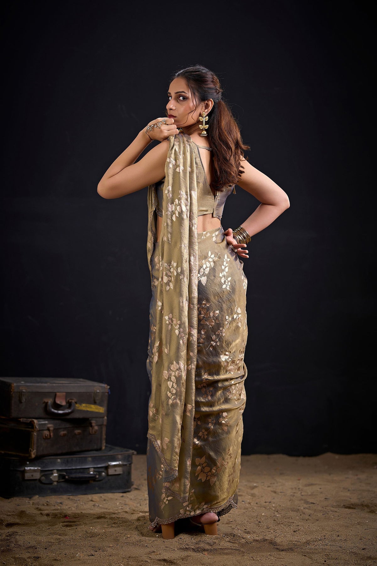 Graceful Olive Green Fendy Silk Two-Tone Hand Work Zircon Saree for Women