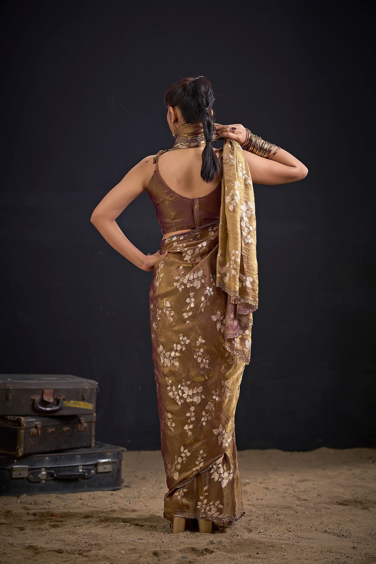 Stunning Brown Fendy Silk Two-Tone Heavy Hand Work Zircon Saree for Women