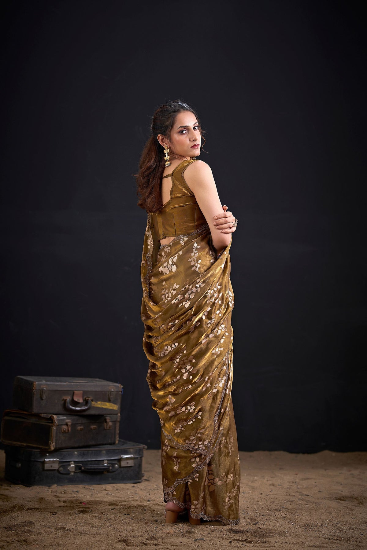 Luxury Golden Fendy Silk Two-Tone Hand Work Zircon Saree for Women