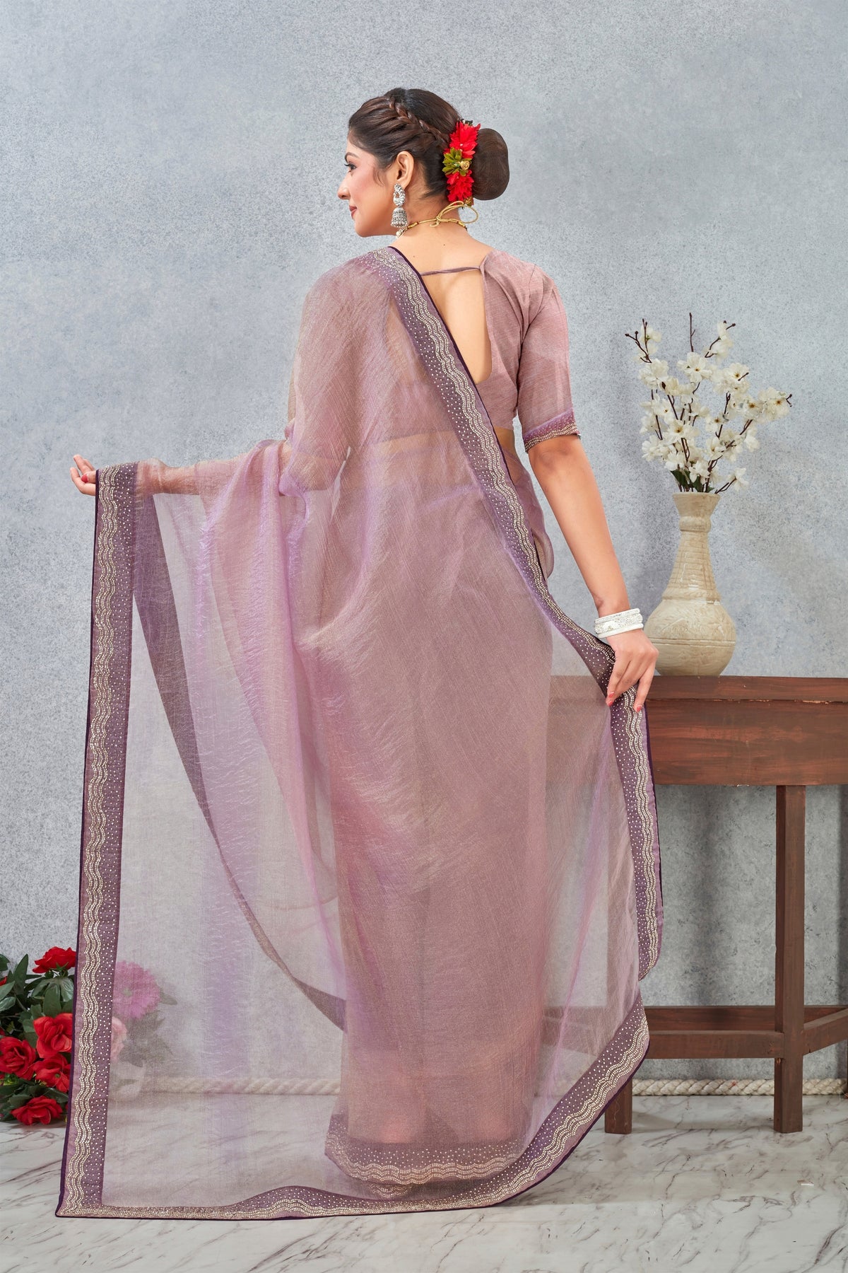 Elegant Mauve Silk Heavy Hand Work Zircon Saree for Women