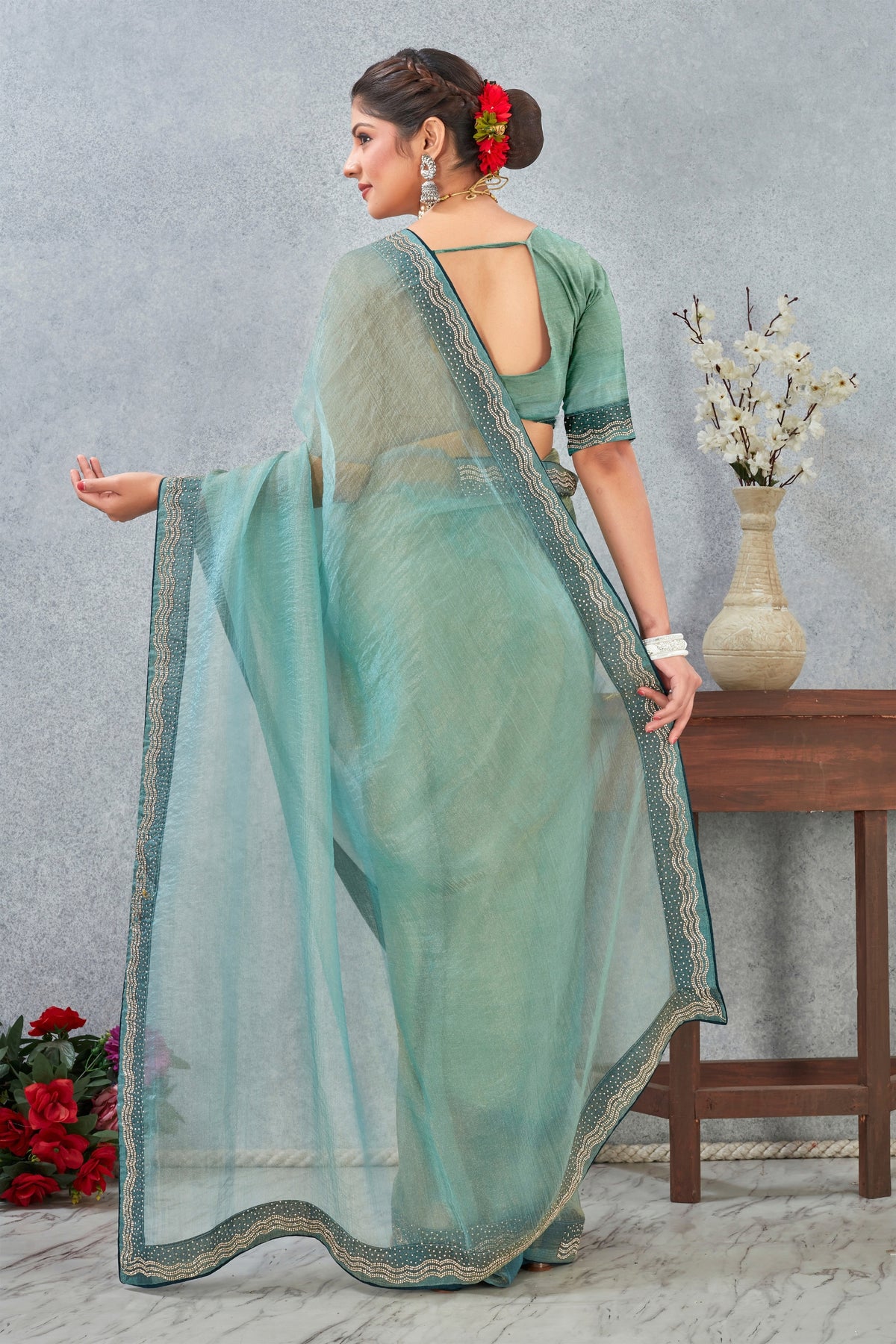 Graceful Teal Green Silk Heavy Hand Work Zircon Saree for Women