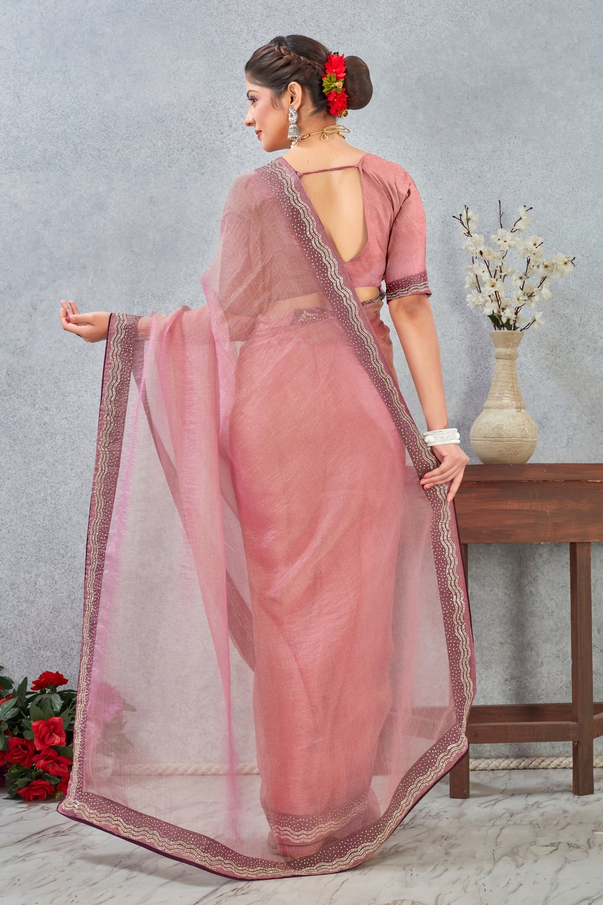Beautiful Rose Pink Silk Heavy Hand Work Zircon Saree for Women