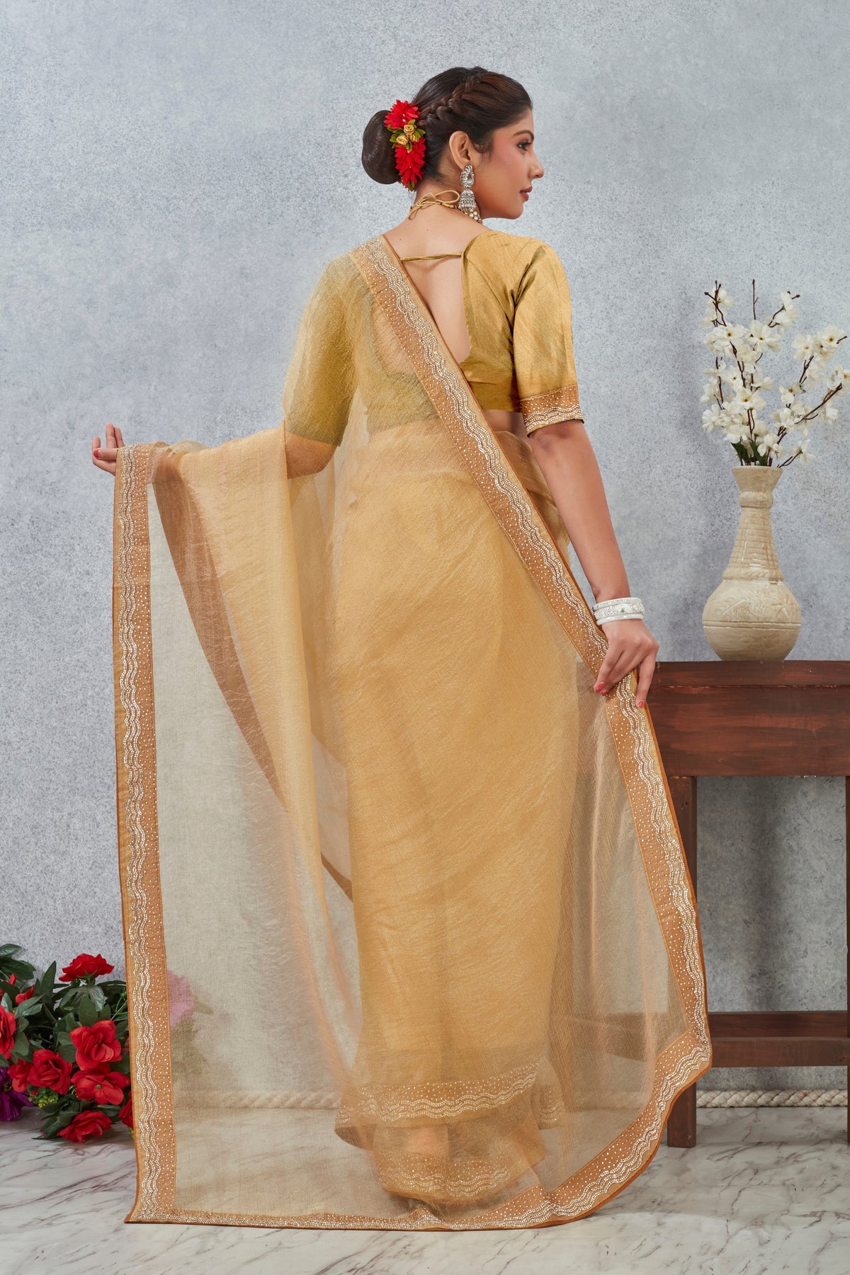 Luxury Golden Silk Heavy Hand Work Zircon Saree for Women