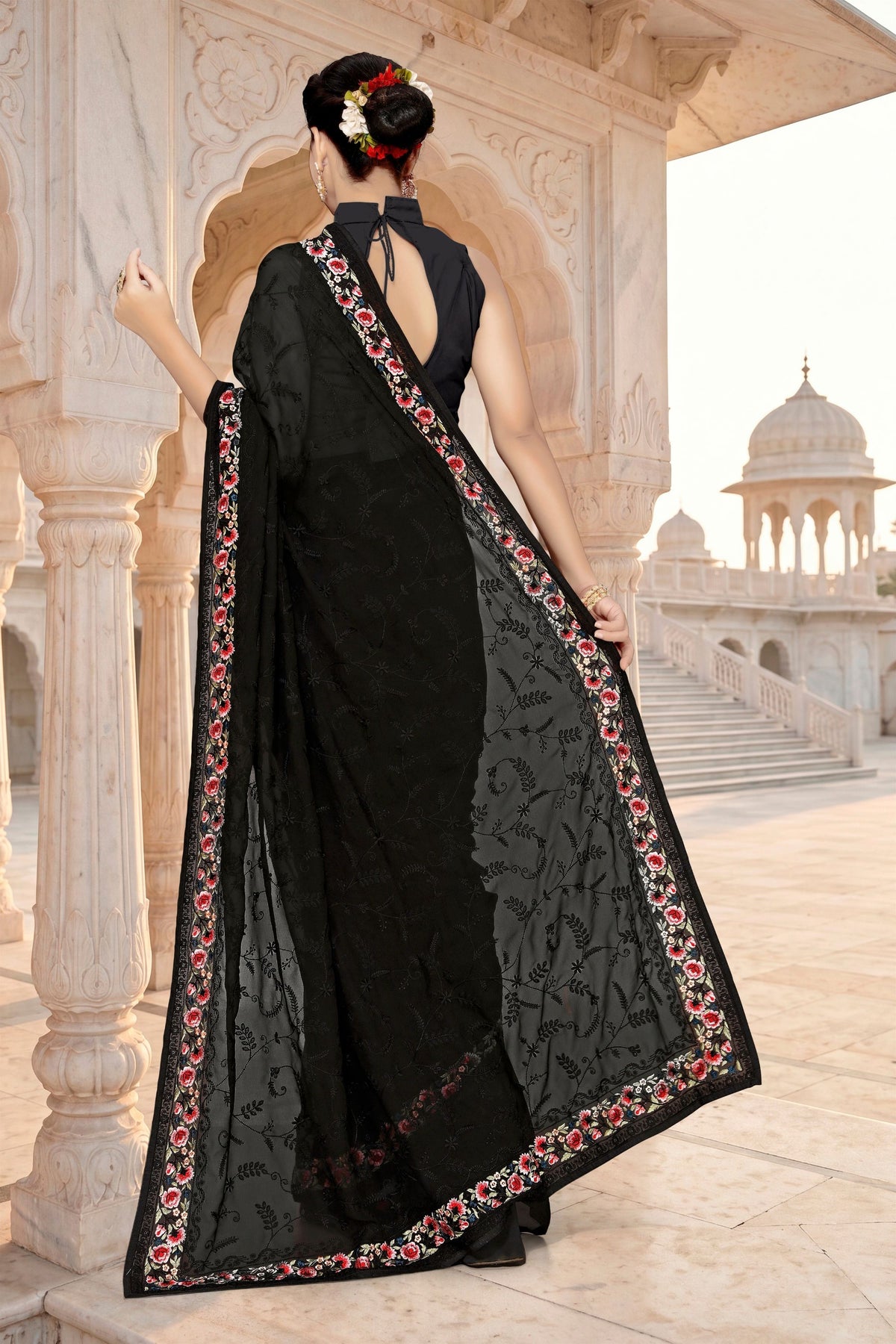 Elegant Black Georgette Heavy Resham Embroidery Work Saree for Women