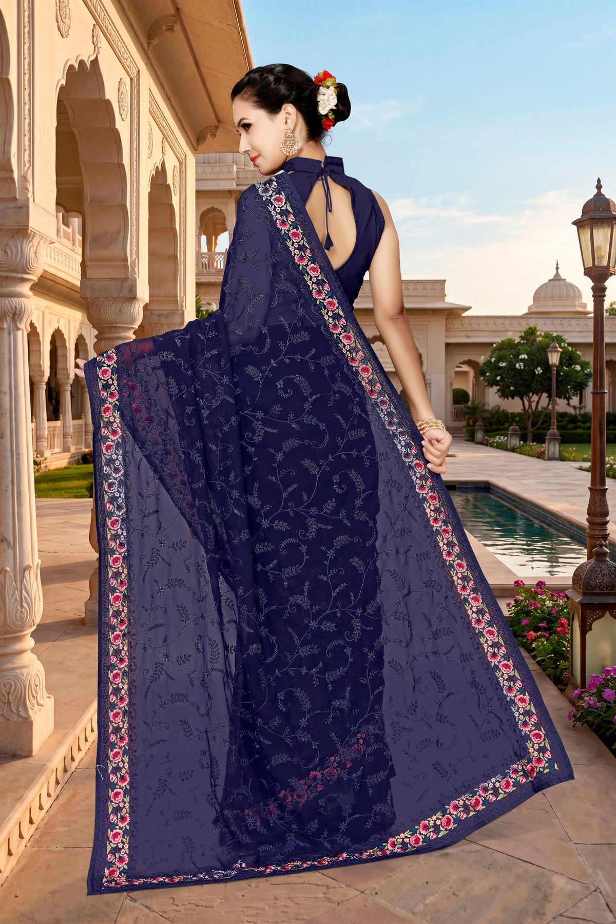 Royal Navy Blue Georgette Heavy Resham Embroidery Work Saree for Women