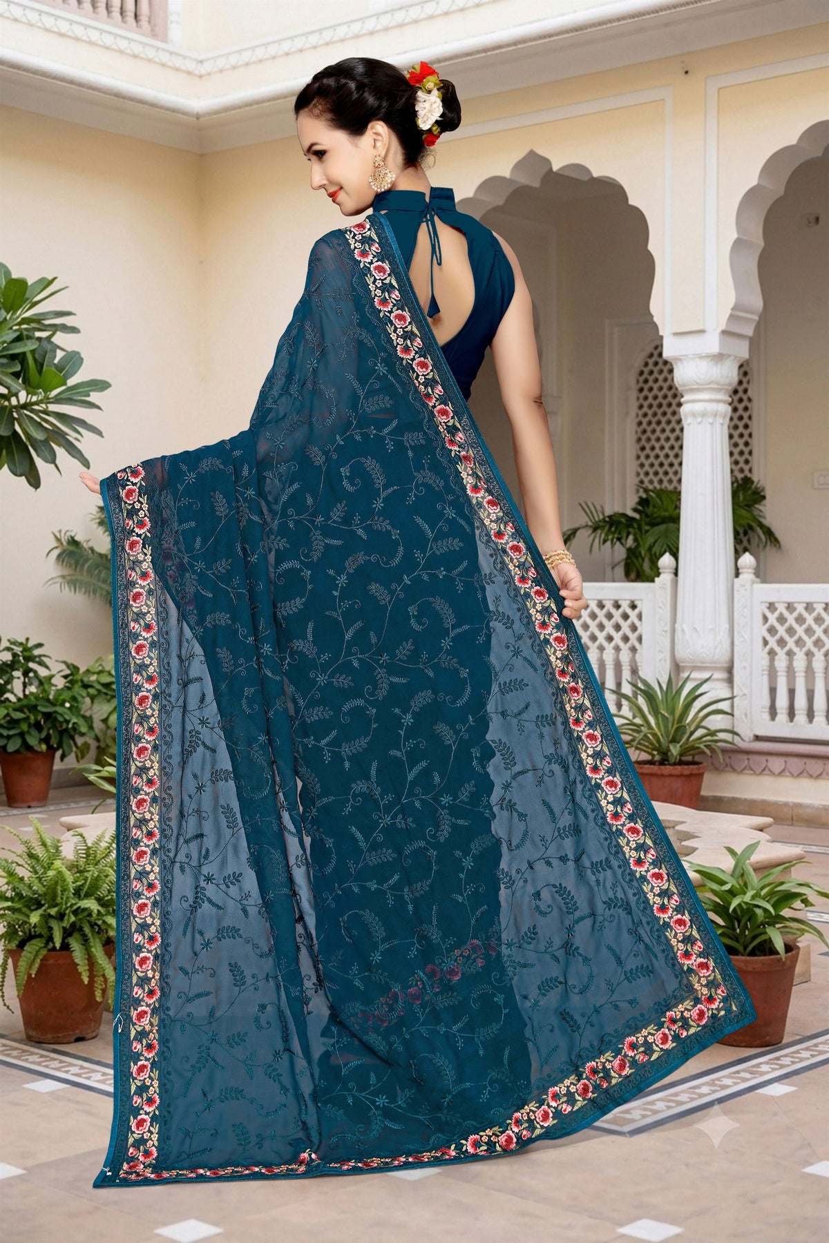 Royal Teal Blue Georgette Heavy Resham Embroidery Work Saree for Women