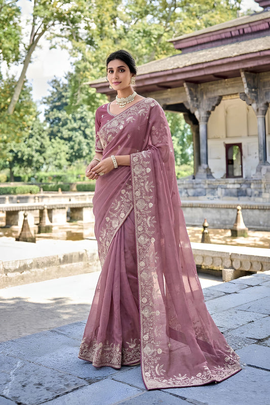 Lovely Mauve Pure Tissue Silk Embroidered Designer Saree for Women
