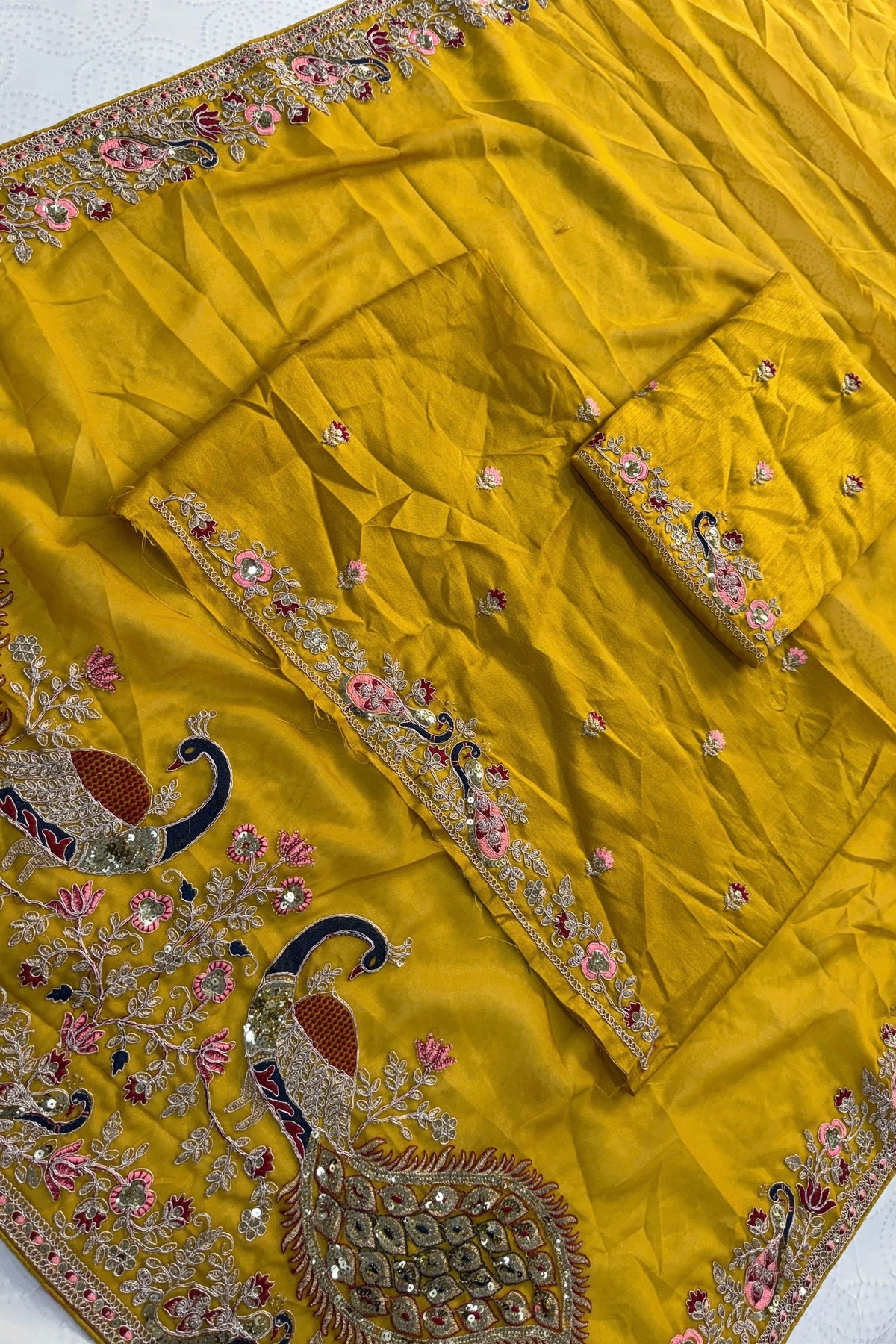 Stylish Mustard Yellow Georgette Embroidery Work Saree for Women