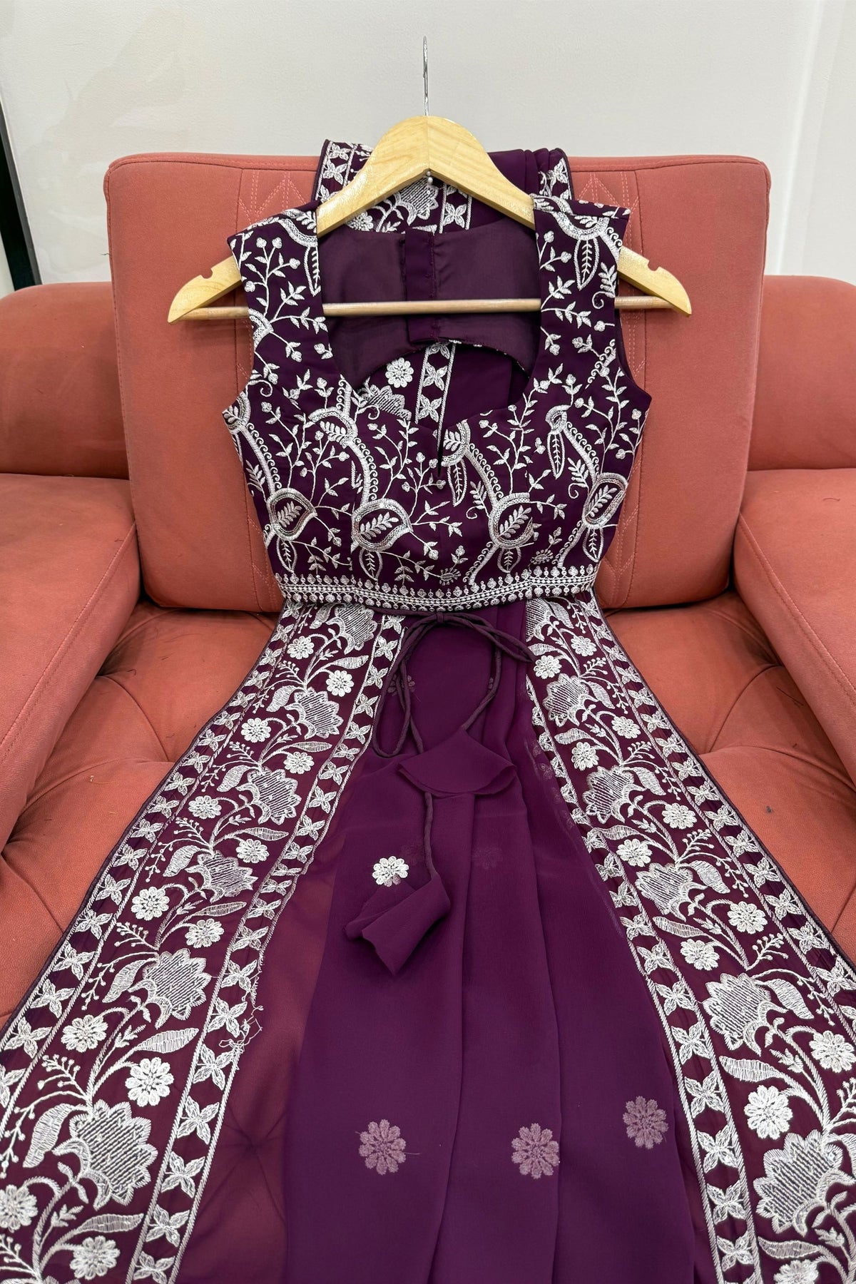 Stunning Purple Faux Georgette Elegant Thread Embroidery Saree for Women