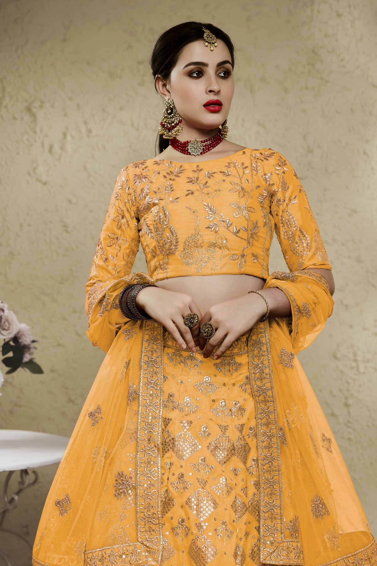 Vibrant Yellow Art Silk Designer Lehenga Choli with Golden Embroidery Work and Dupatta for Women