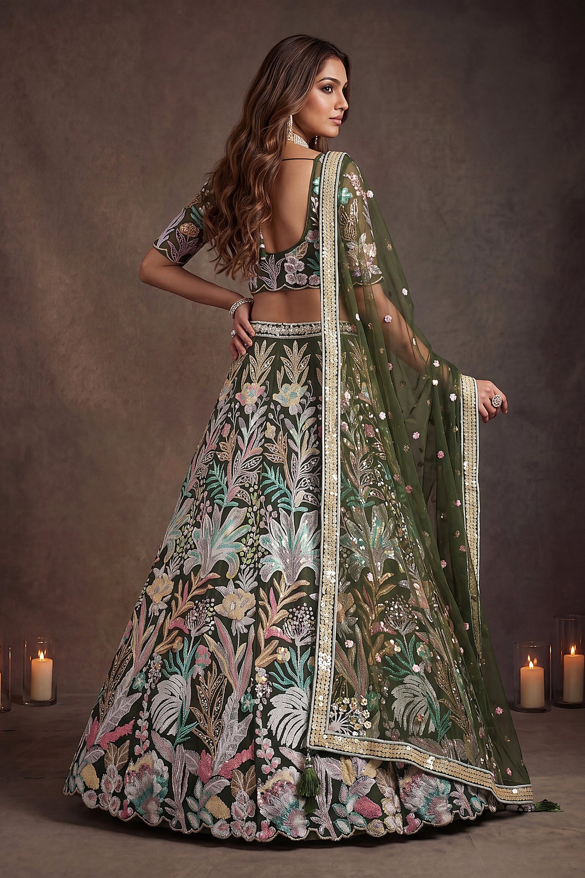 Regal Olive Green Soft Net Floral Embroidered Designer Lehenga Choli with Dupatta for Women