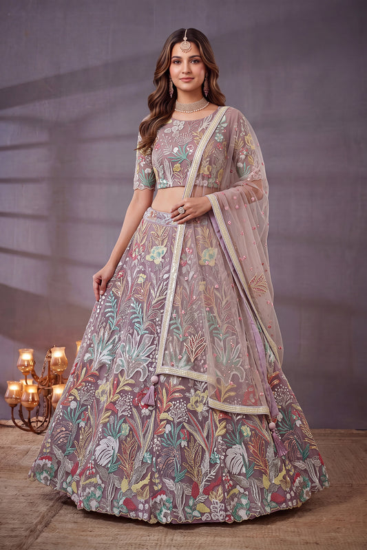 Enchanting Lavender Soft Net Floral Embroidered Designer Lehenga Choli with Dupatta for Women