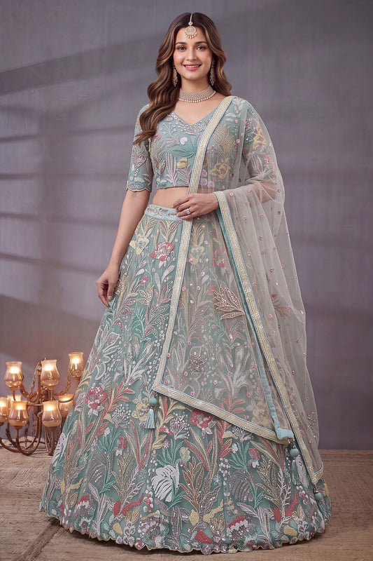 Mesmerizing Sea Green Soft Net Floral Embroidered Designer Lehenga Choli with Dupatta for Women