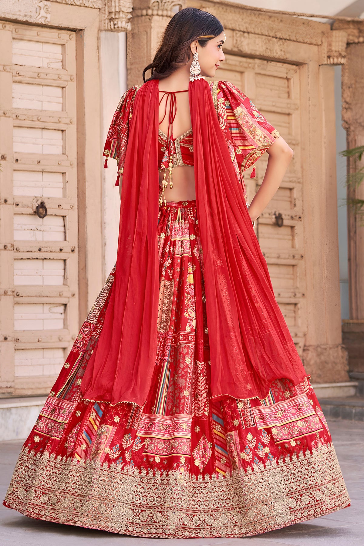 Magnificent Red Chinnon Silk Digital Print Designer Lehenga Choli with Embroidered Blouse and Dupatta