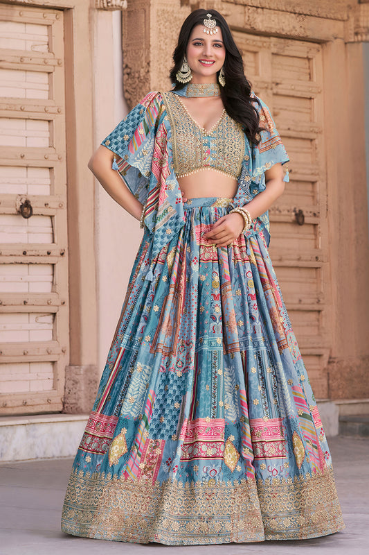 Captivating Sky Blue Chinnon Silk Digital Print Designer Lehenga Choli with Embroidered Blouse and Dupatta