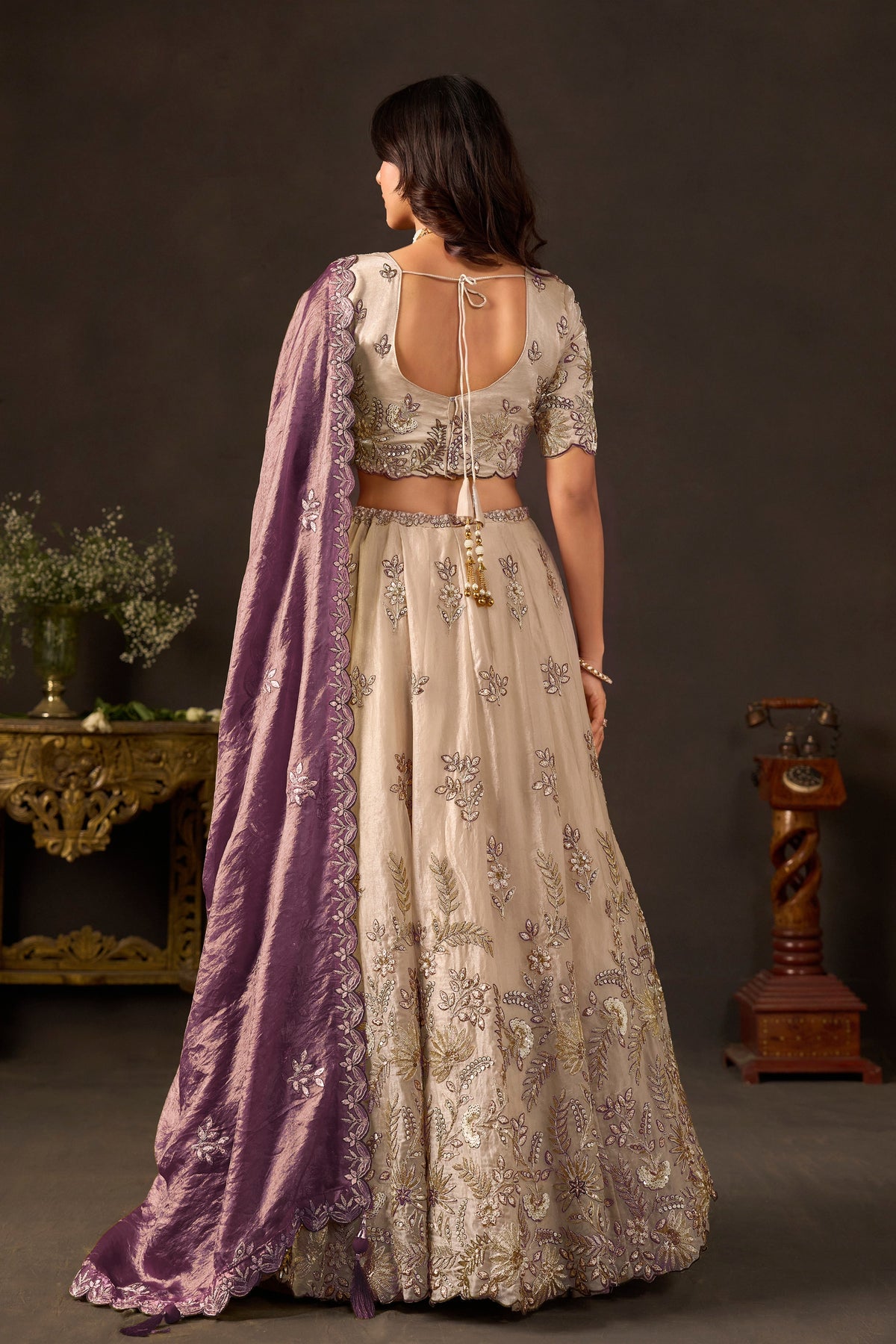 Enchanting Beige Fendy Silk Designer Lehenga Choli with Heavy Gold Embroidery and Dupatta
