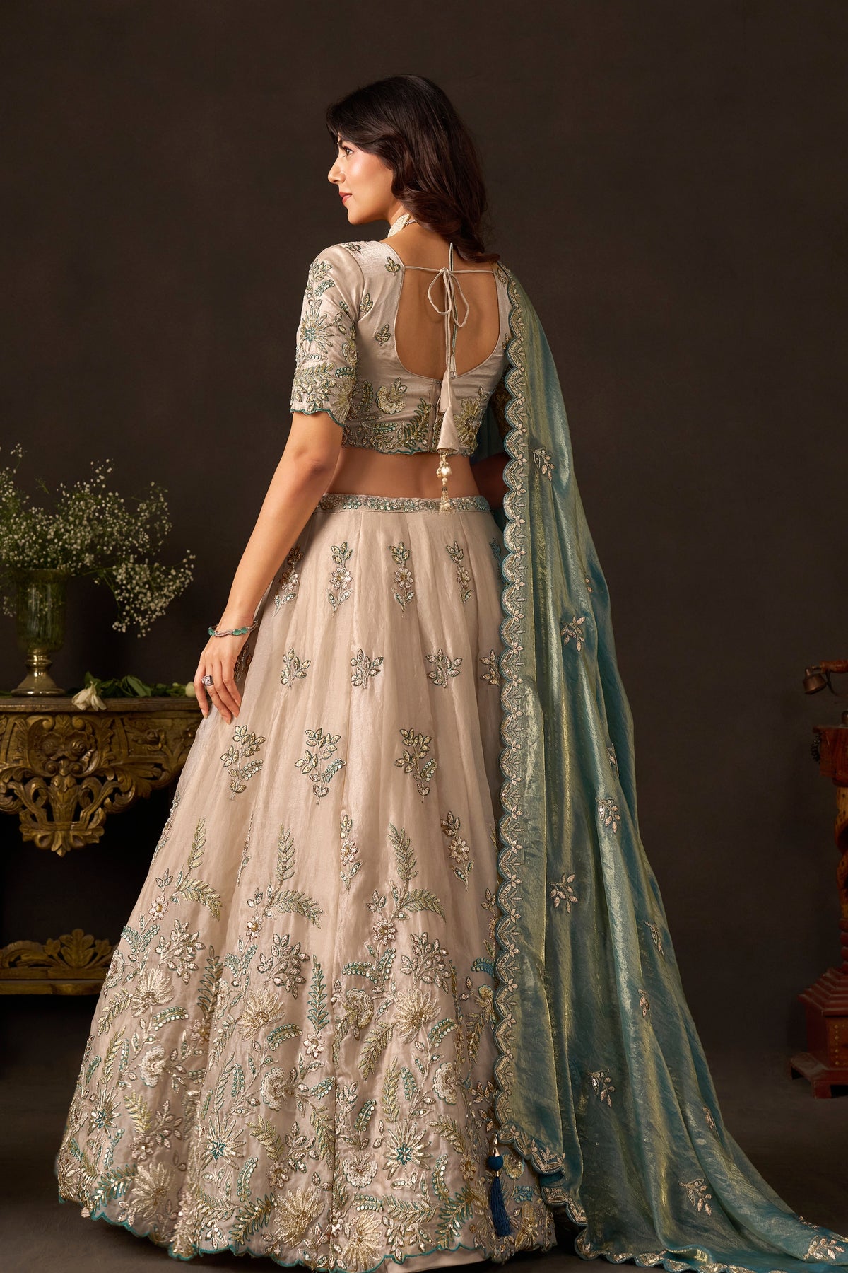 Luxurious Beige Fendy Silk Designer Lehenga Choli with Heavy Gold Embroidery and Dupatta