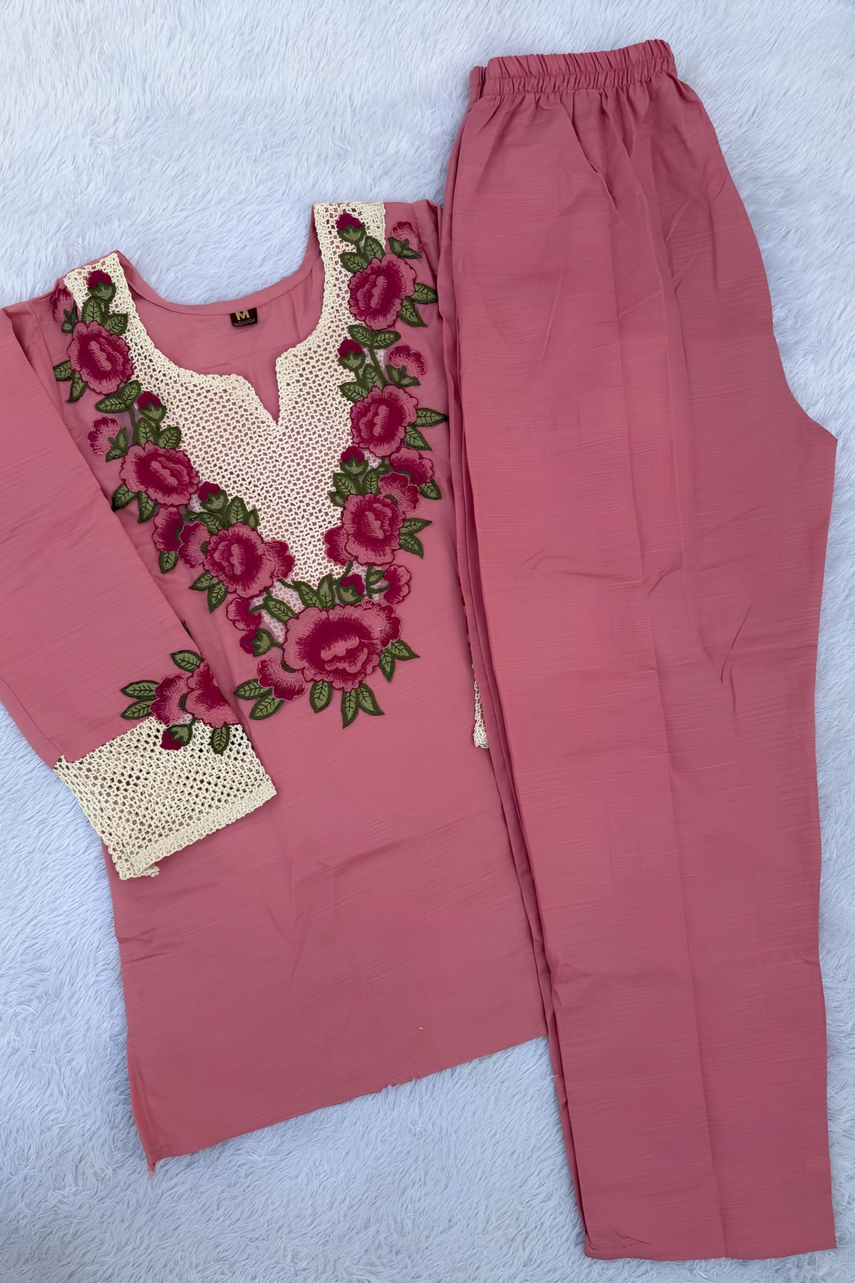 Stylish Pink Rayon Co-Ord Set for Women with Floral Embroidery and Thread Work