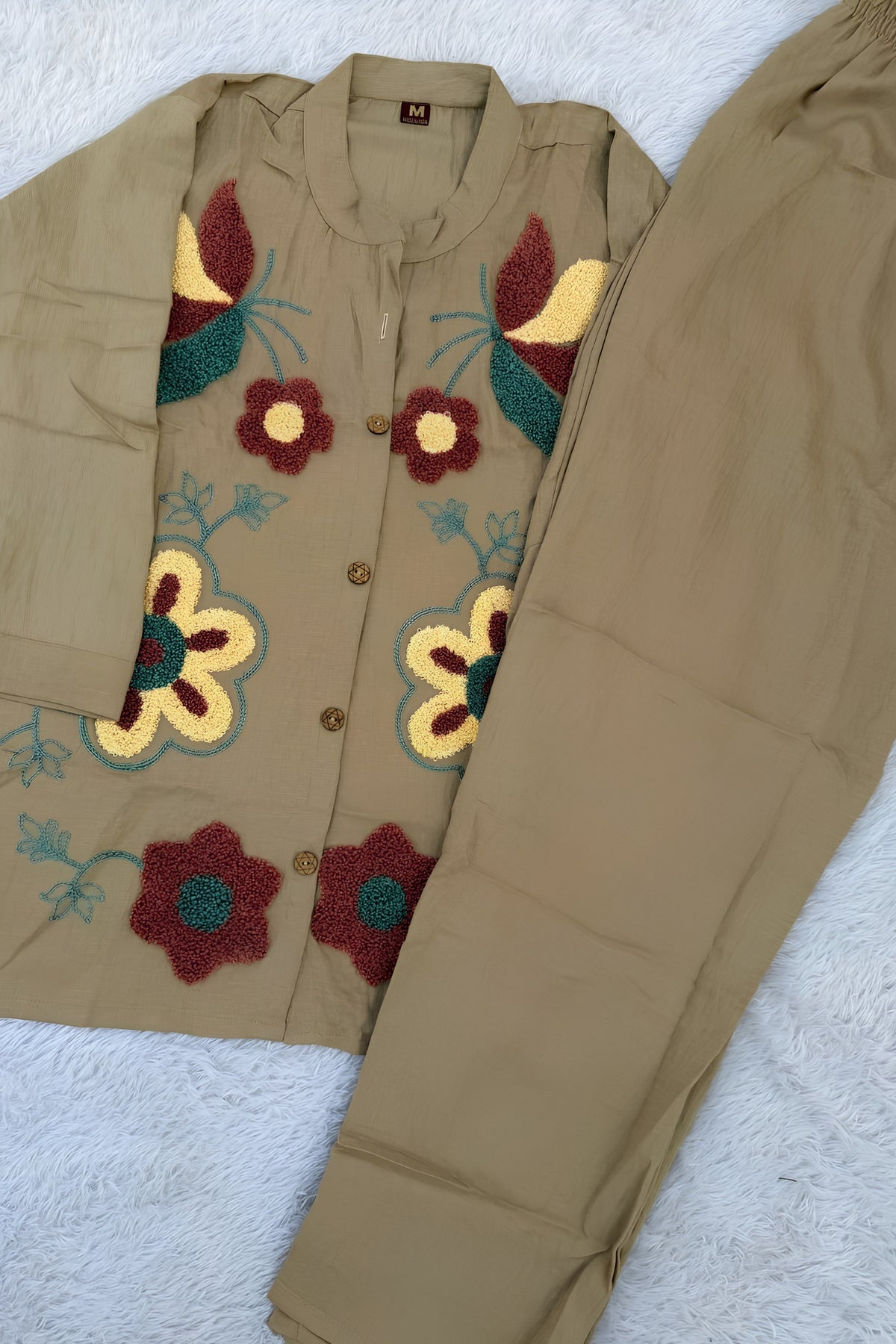 Elegant Beige Nylon Co-Ord Set for Women with Multicolor Floral Embroidery Work