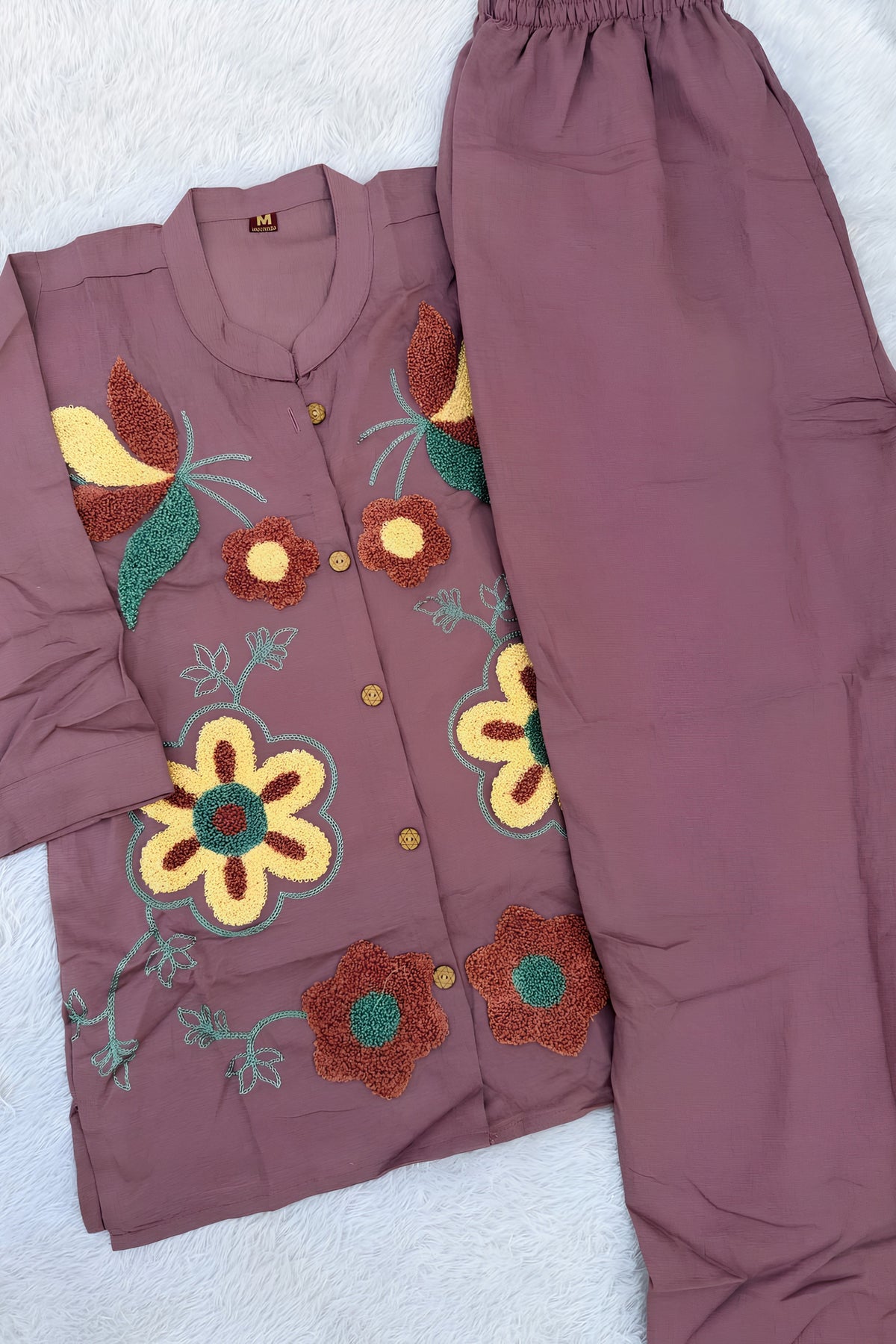 Stunning Mauve Purple Nylon Co-Ord Set for Women with Multicolor Floral Embroidery Work