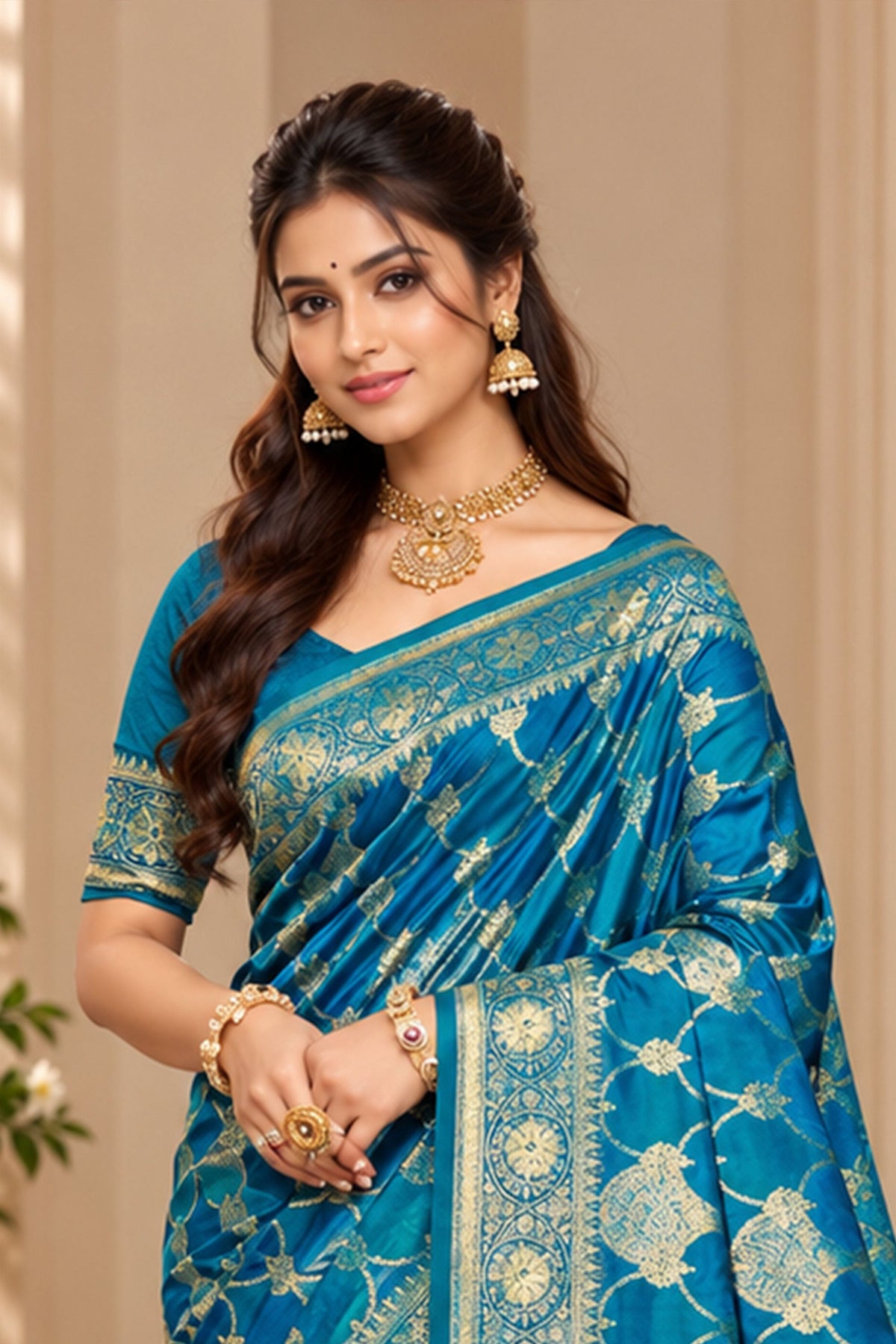 Captivating Teal Blue Satin Silk Saree with Golden Weaving and Zalar Work for Women