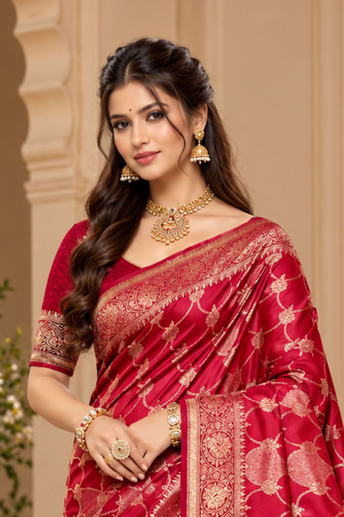 Stylish Red Satin Silk Saree with Golden Weaving and Zalar Work for Women